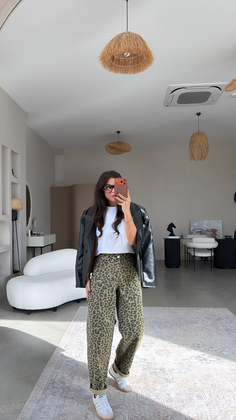 Haki Leopar Animal Print Style Barrel Jean