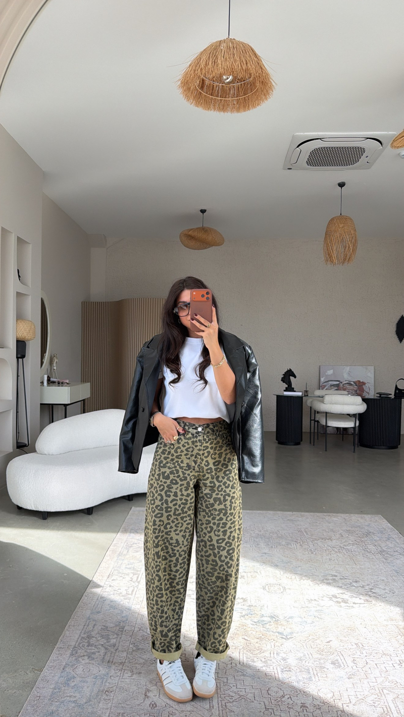 Haki Leopar Animal Print Style Barrel Jean
