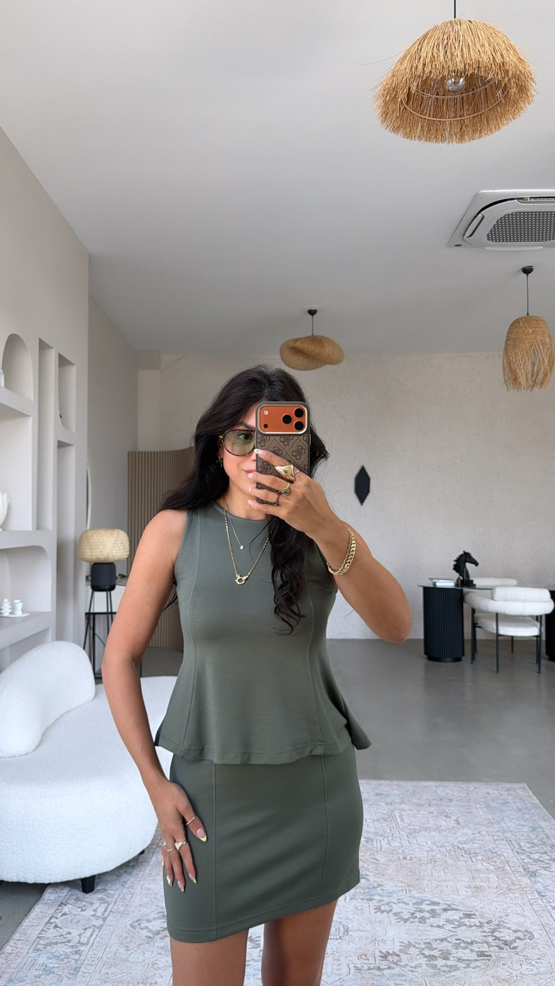 Haki Modal Volanlı Bluz Mini Etek Takım