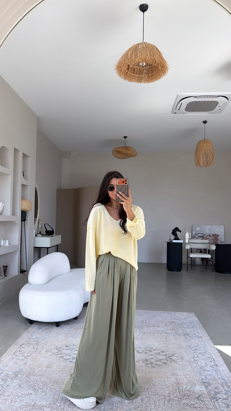 Haki Oys Model İnce Pileli Pantolon