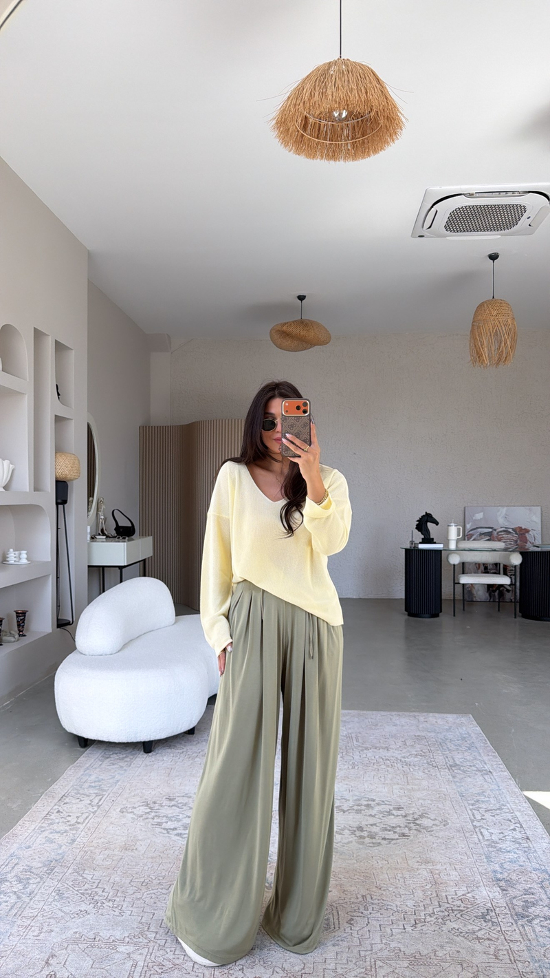 Haki Oys Model İnce Pileli Pantolon