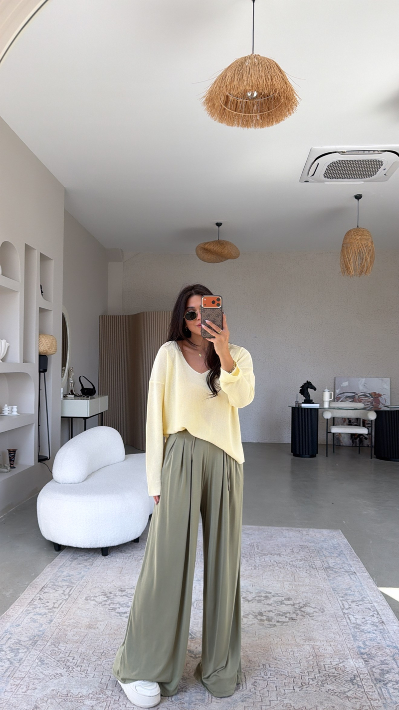 Haki Oys Model İnce Pileli Pantolon