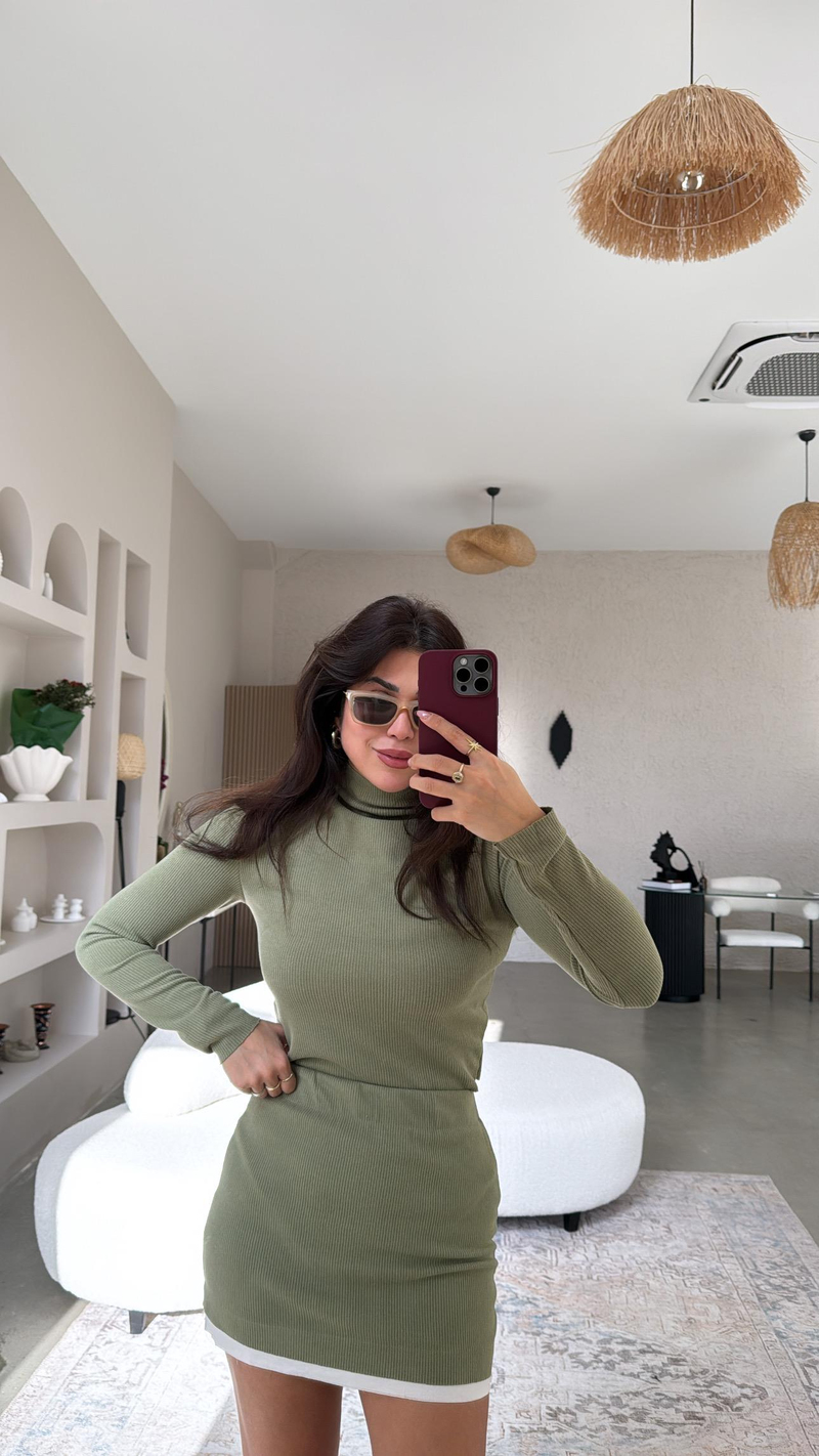 Haki Poplin Detaylı Mini Etek Bluz Takım