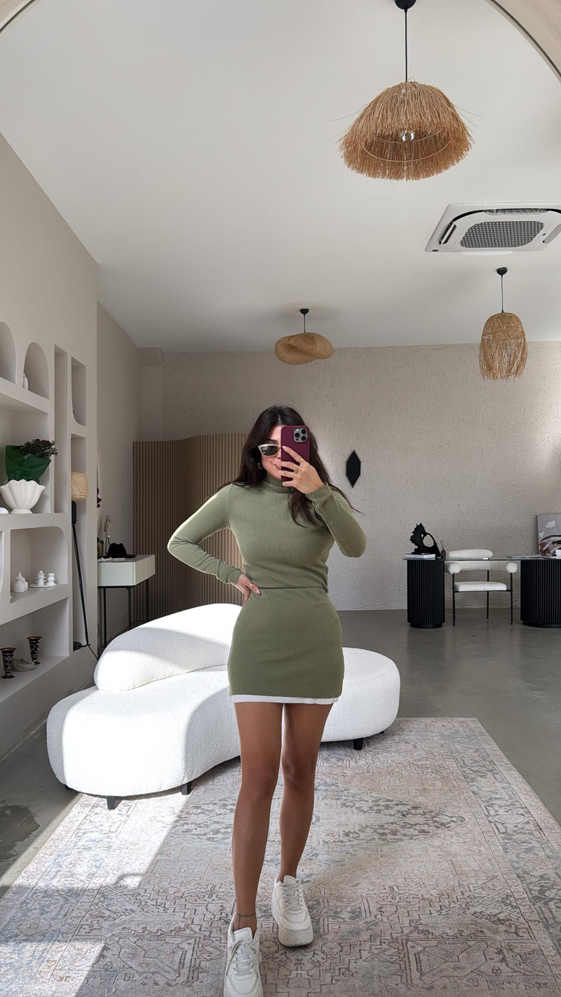 Haki Poplin Detaylı Mini Etek Bluz Takım