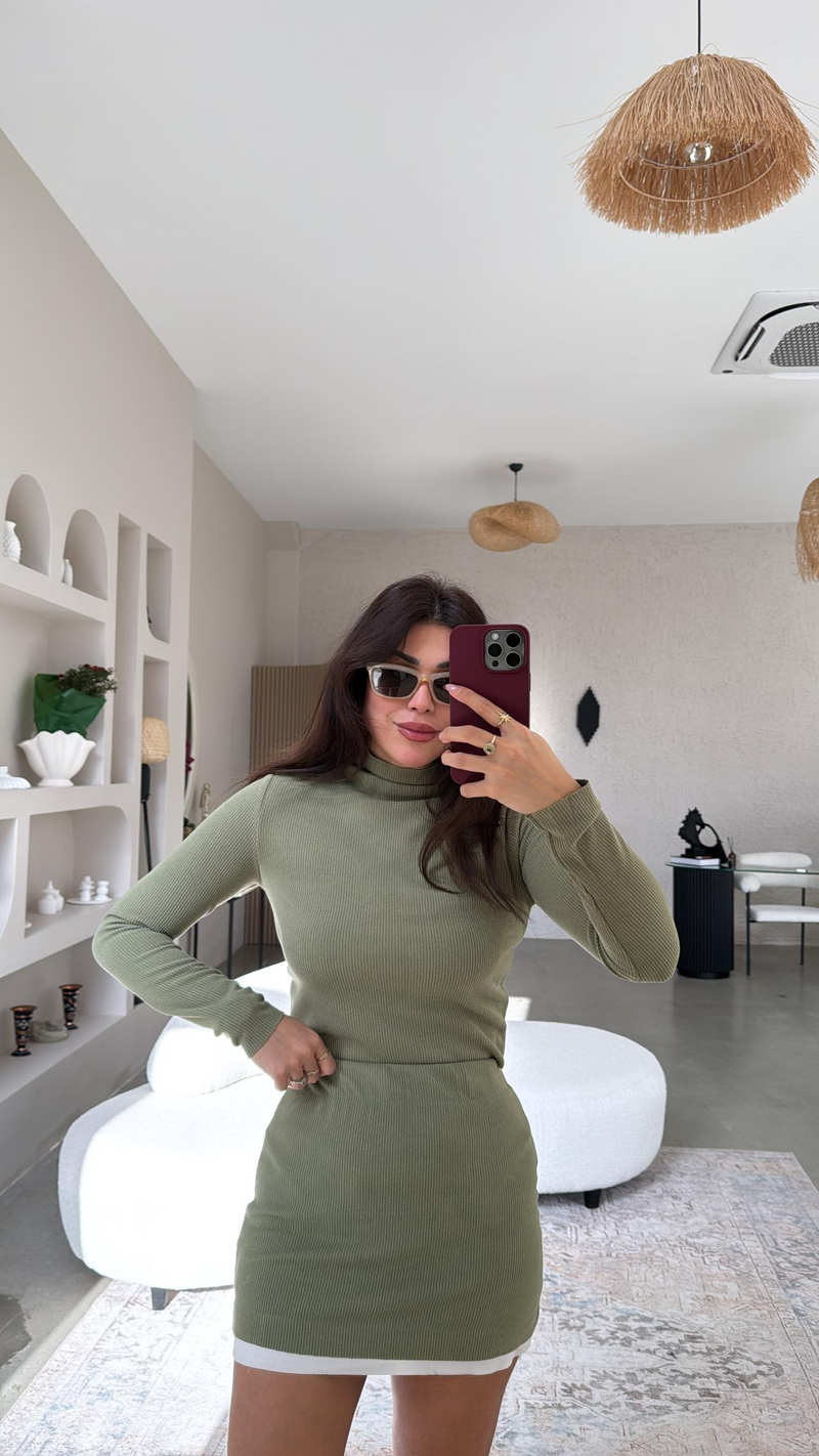 Haki Poplin Detaylı Mini Etek Bluz Takım