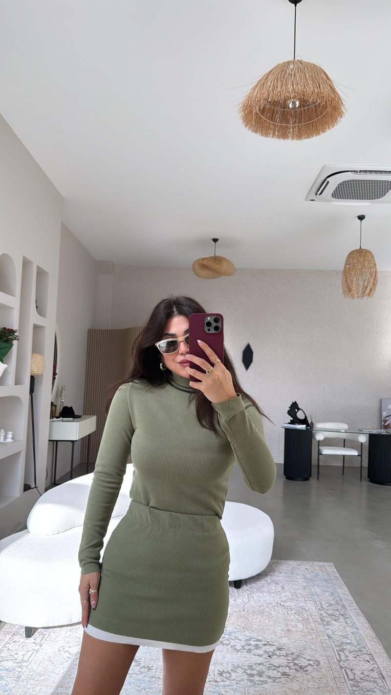 Haki Poplin Detaylı Mini Etek Bluz Takım