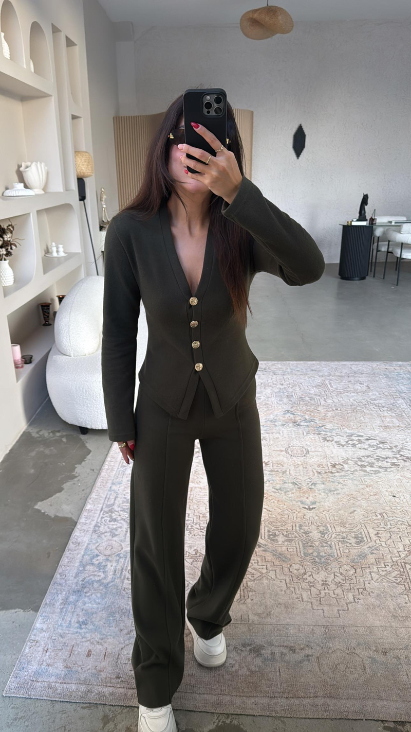 Haki Selanik Triko ZR model Hırka Pantolon Takım