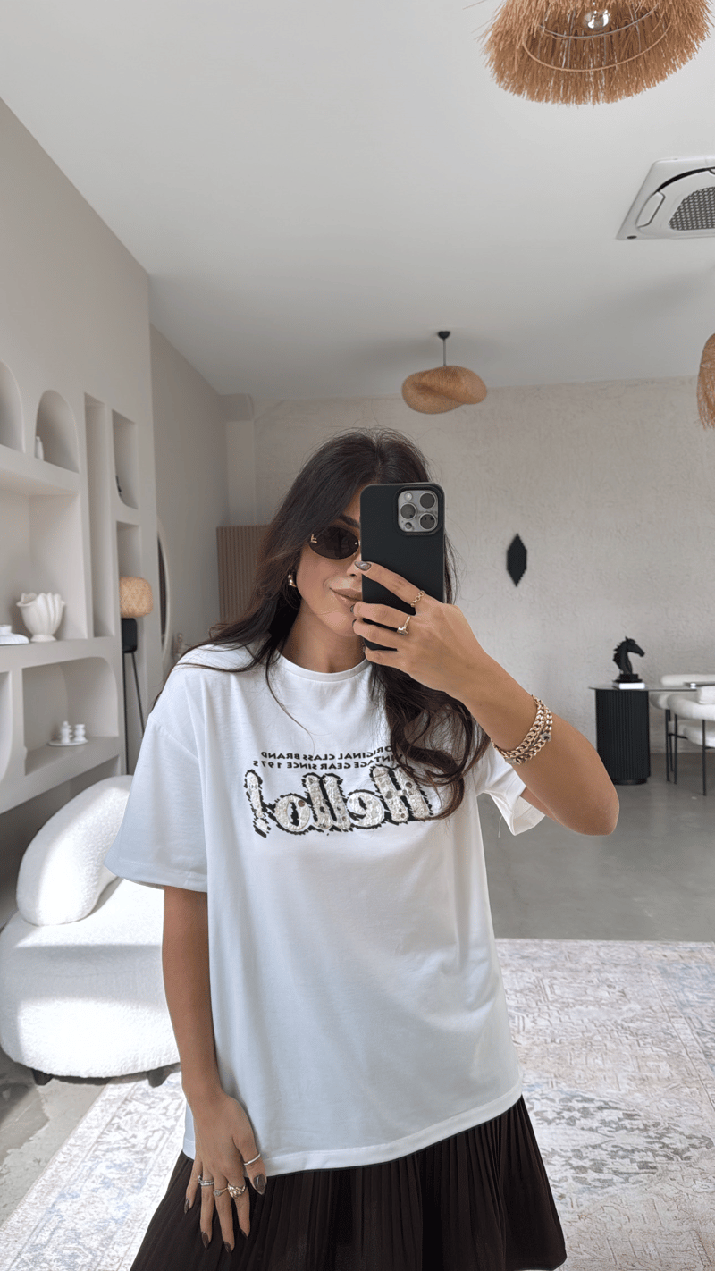 Hello Nakışlı Ve Payetli Pamuk Tshirt