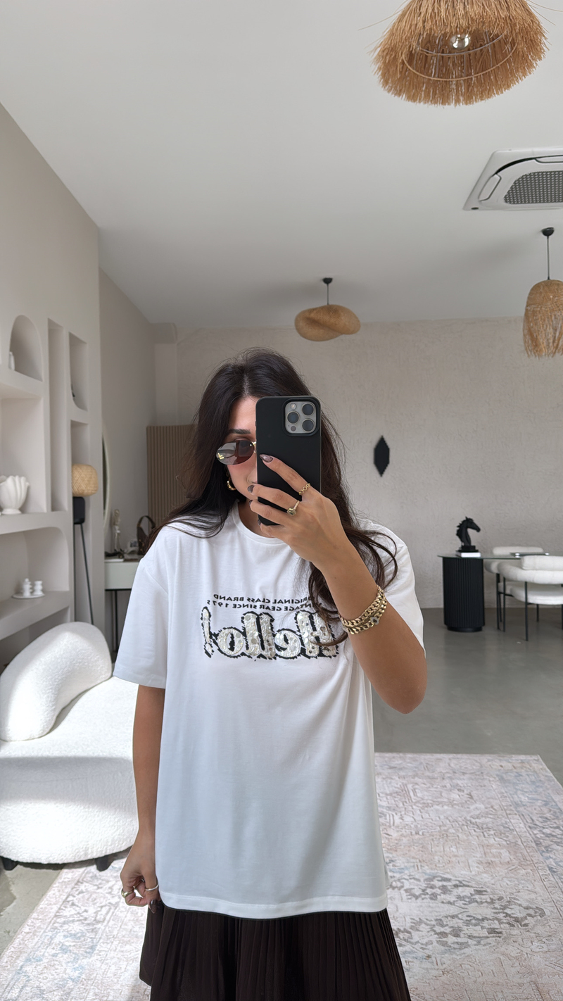 Hello Nakışlı Ve Payetli Pamuk Tshirt
