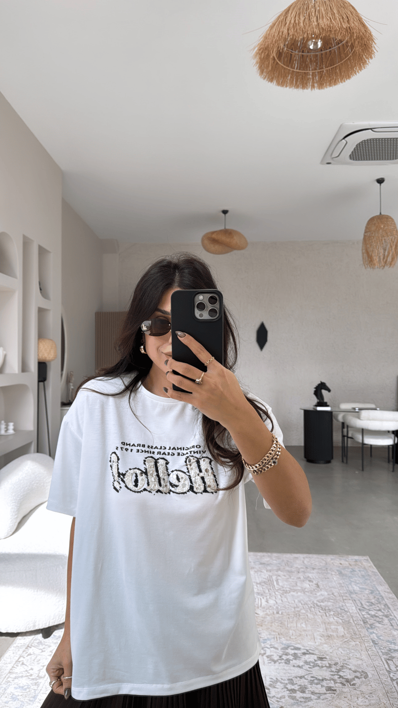 Hello Nakışlı Ve Payetli Pamuk Tshirt