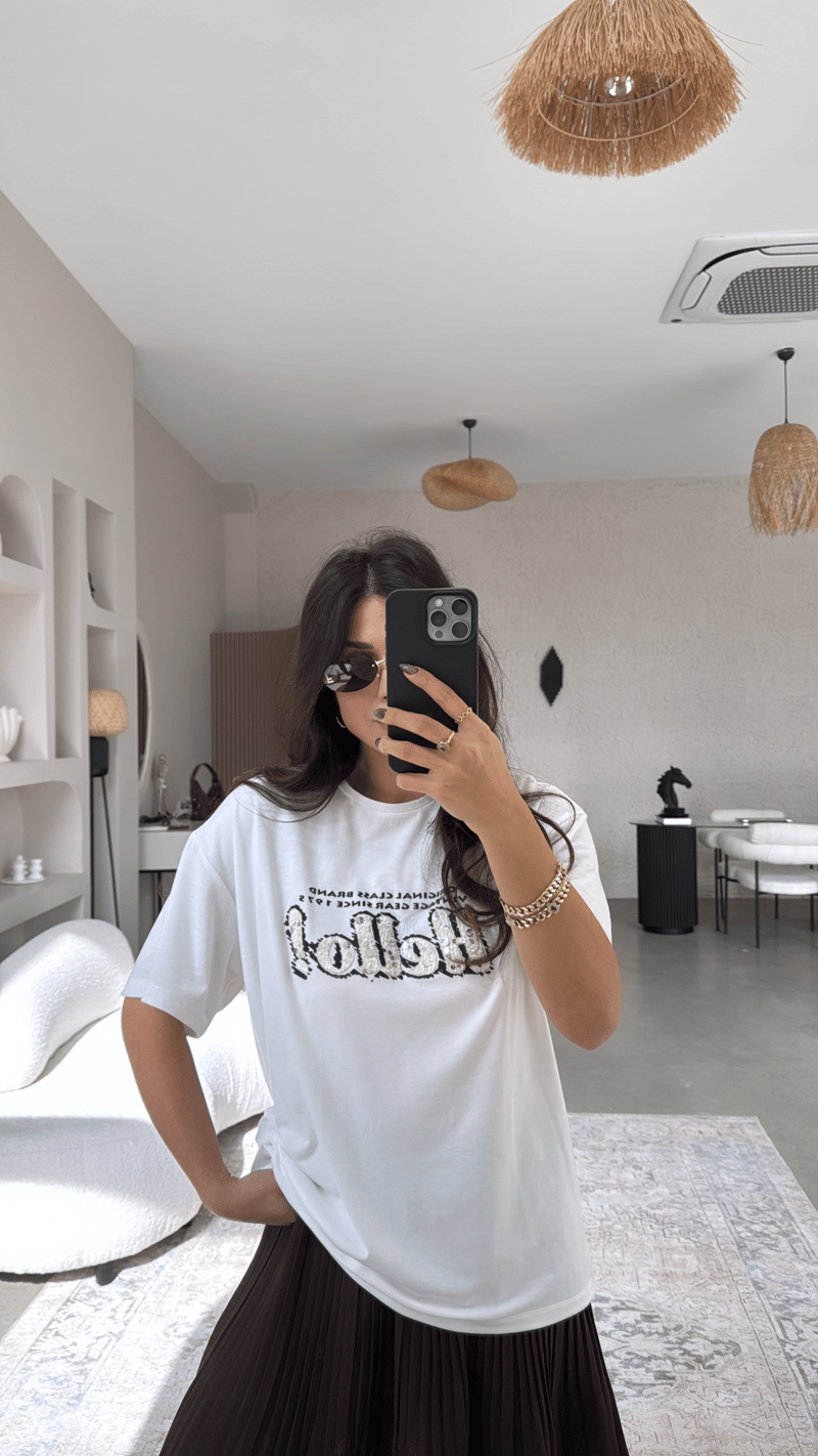 Hello Nakışlı Ve Payetli Pamuk Tshirt