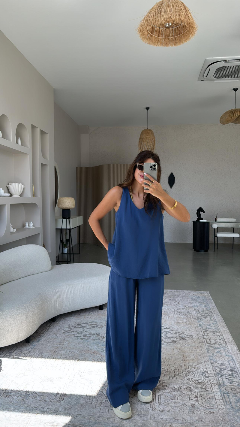 İndigo Pantolon Bluz Dökümlü Takım