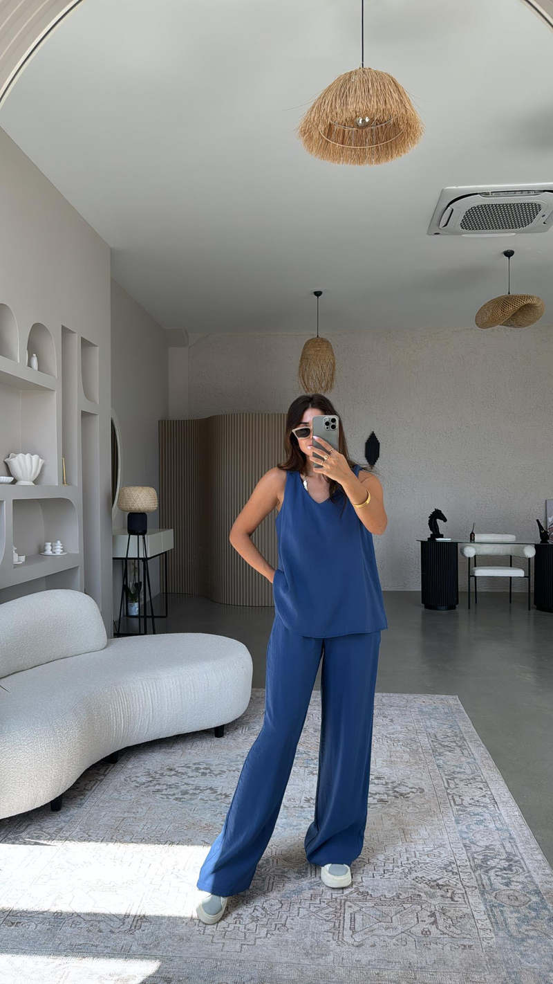 İndigo Pantolon Bluz Dökümlü Takım