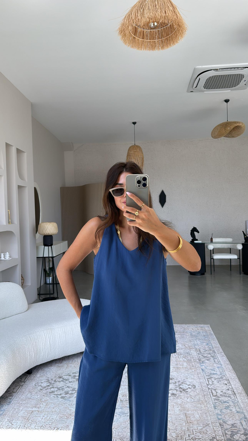 İndigo Pantolon Bluz Dökümlü Takım