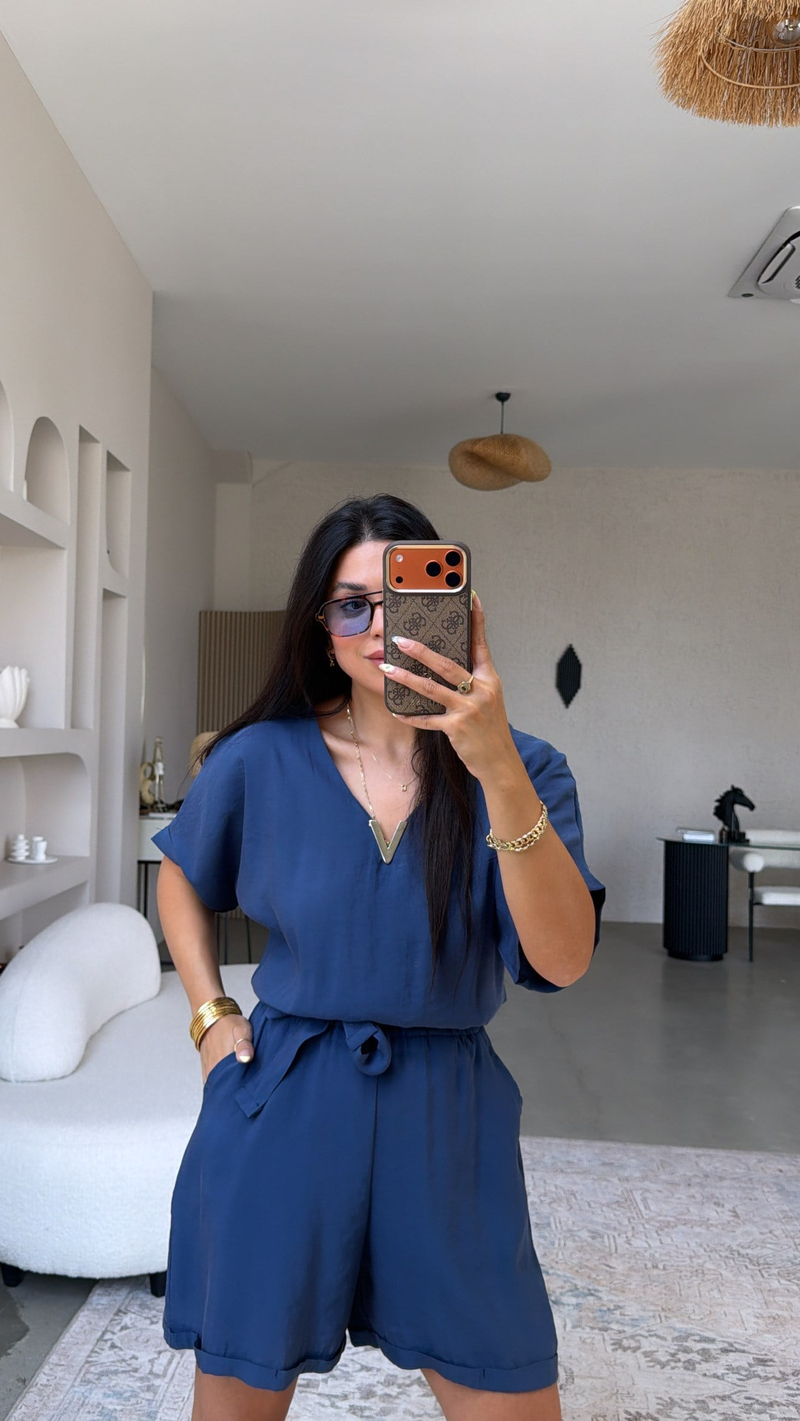İndigo V Aksesuarlı Tensel Kumaş Tulum