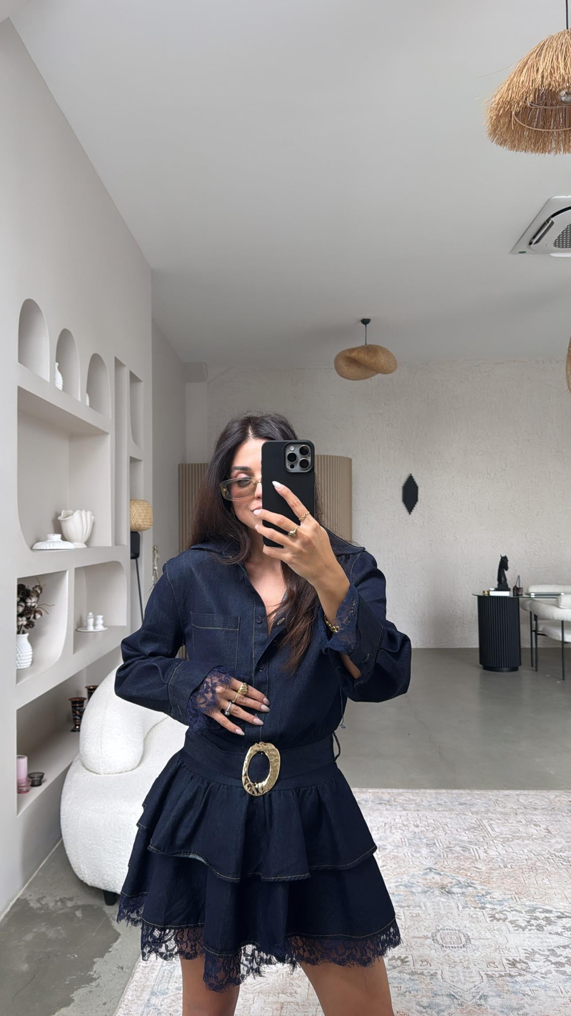 Jean Kumaş Premium Çift Kat Dantel Detaylı Elbise