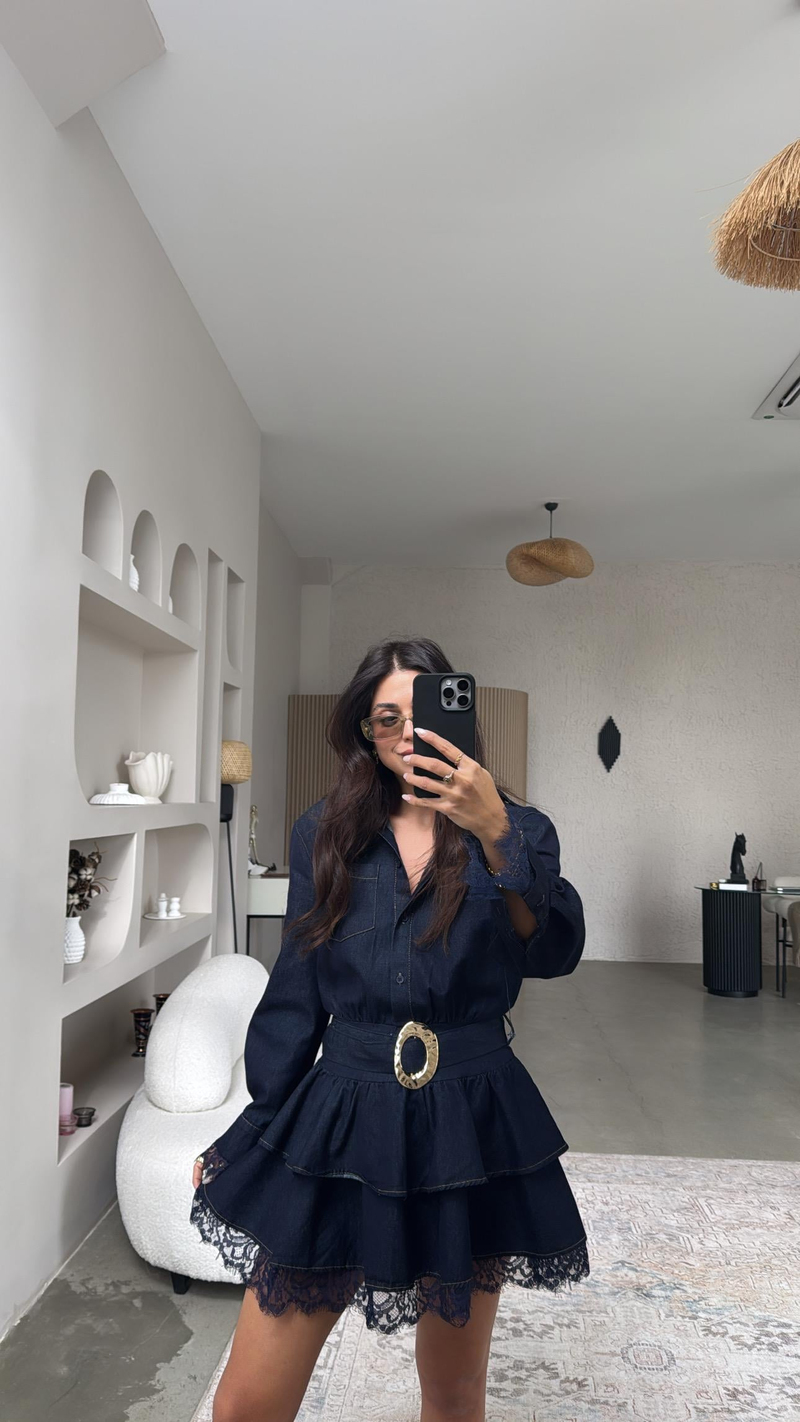 Jean Kumaş Premium Çift Kat Dantel Detaylı Elbise