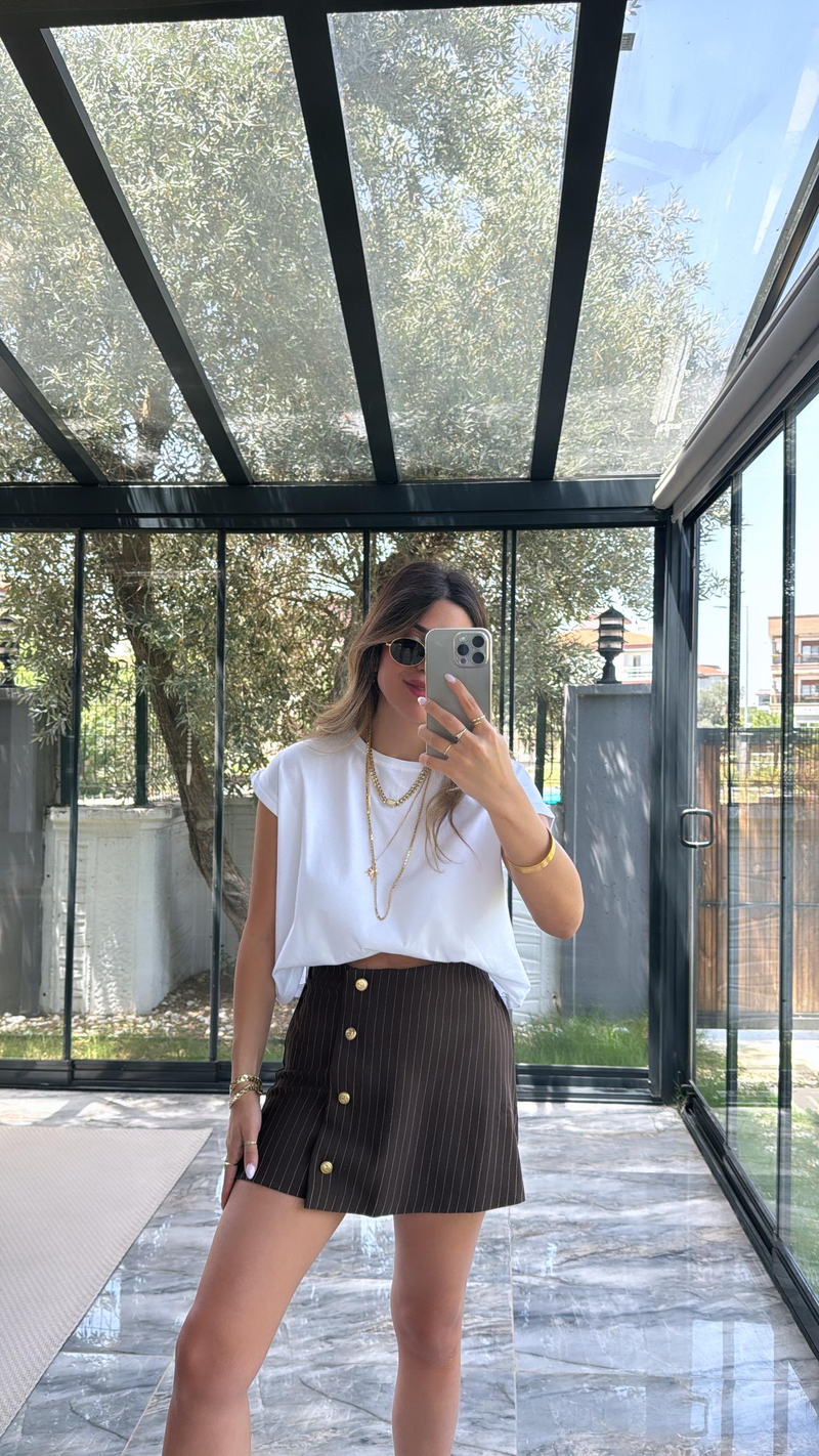 Kahve Çizgili Gold Düğme Şort Etek