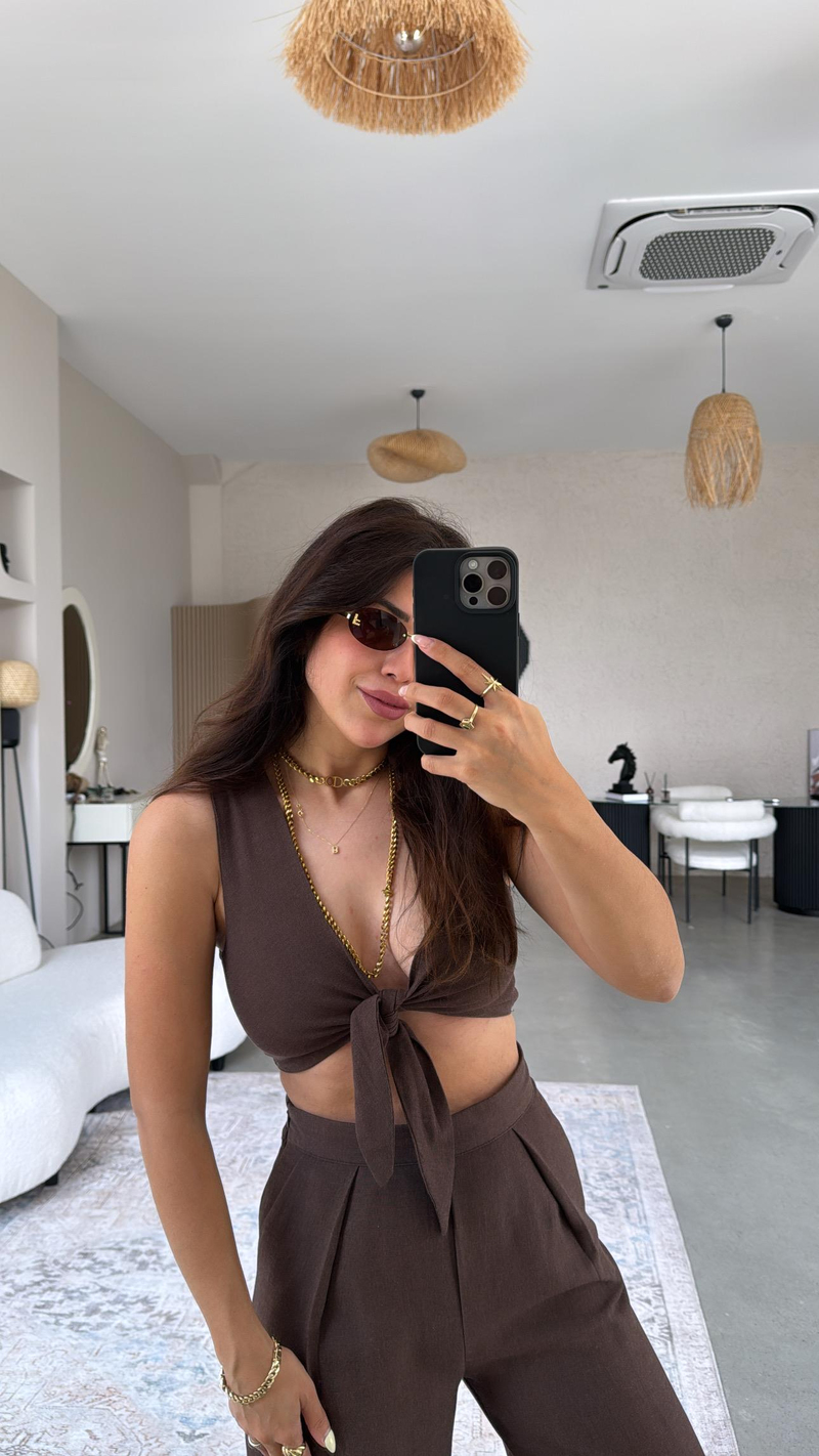 Kahve Keten Bağlamalı Bluzlu Takım