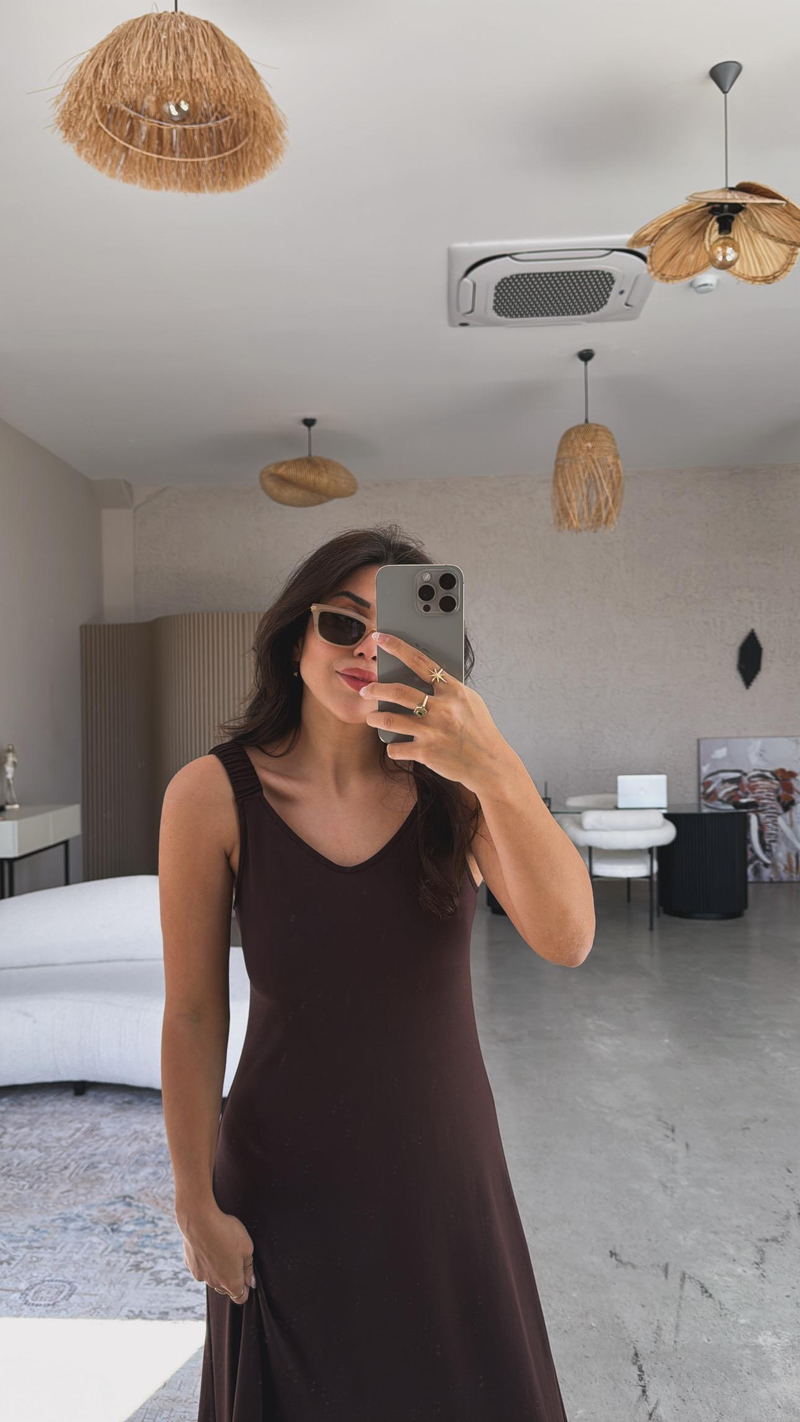 Kahverengi Askıları Lastikli Pike Modal Elbise