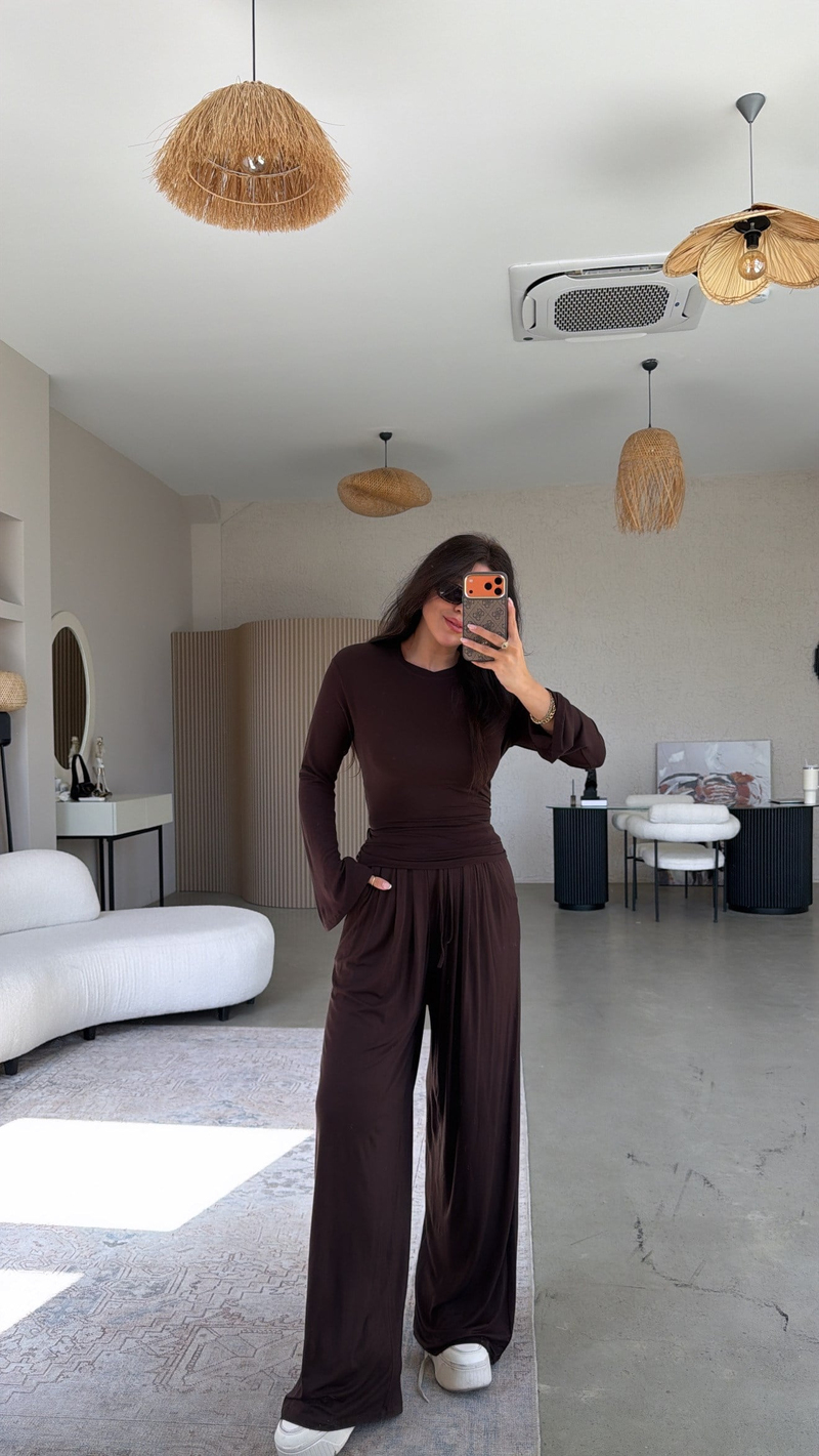 Kahverengi Bağcıklı Pamuklu Bol Paça Rahat Takım