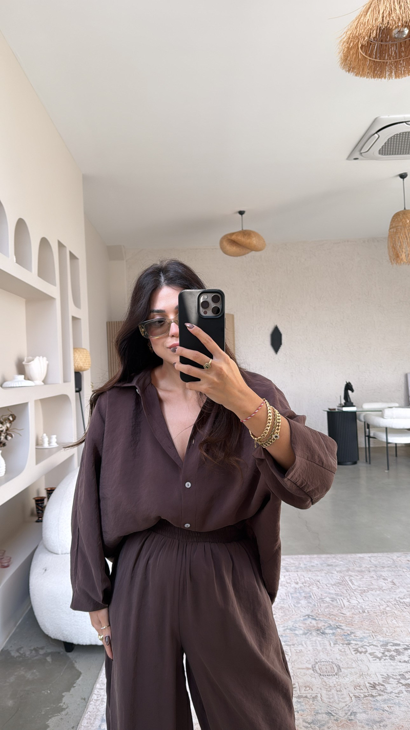 Kahverengi Baggy Pantolon Gömlek Tensel Takım