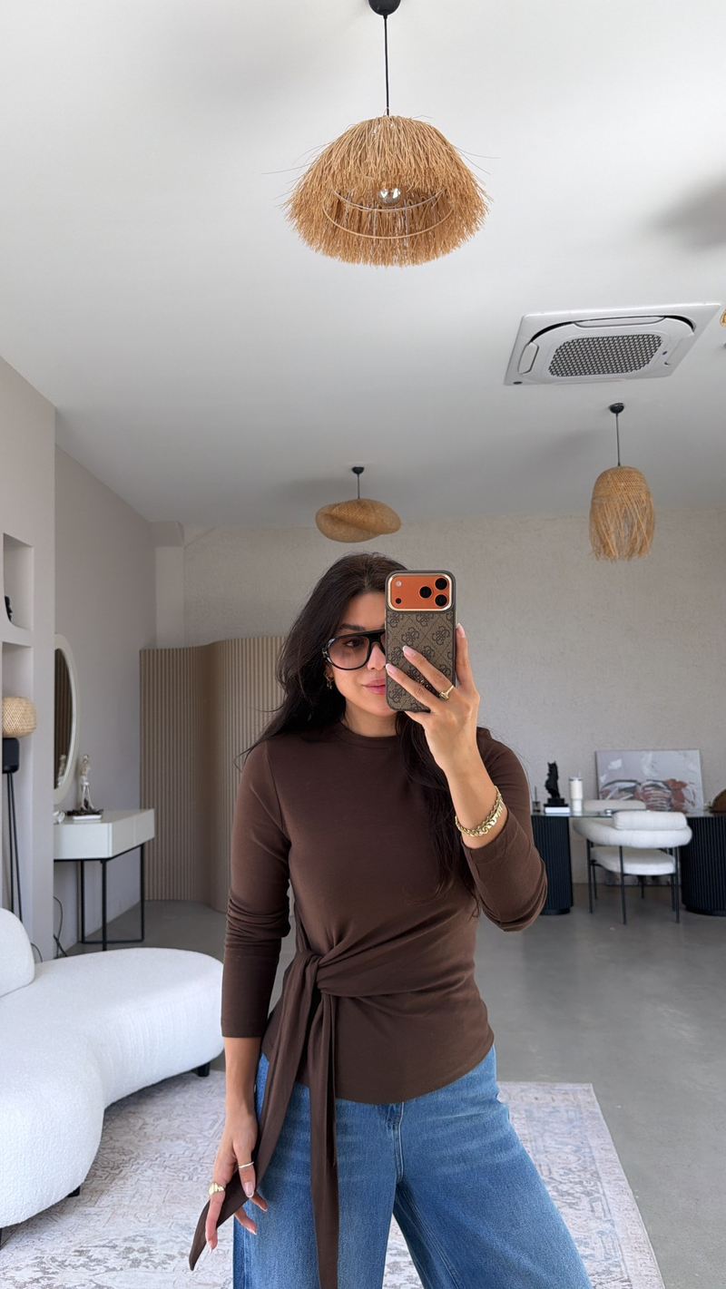 Kahverengi Bağlamalı İthal Kumaş Bluz
