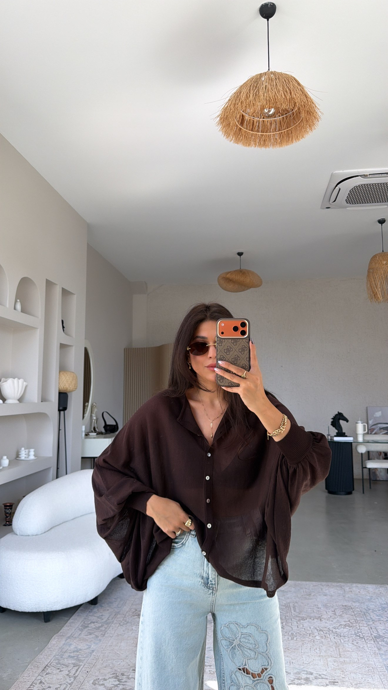 Kahverengi Balon Kollu Transparan Salaş Merserize Triko Bluz