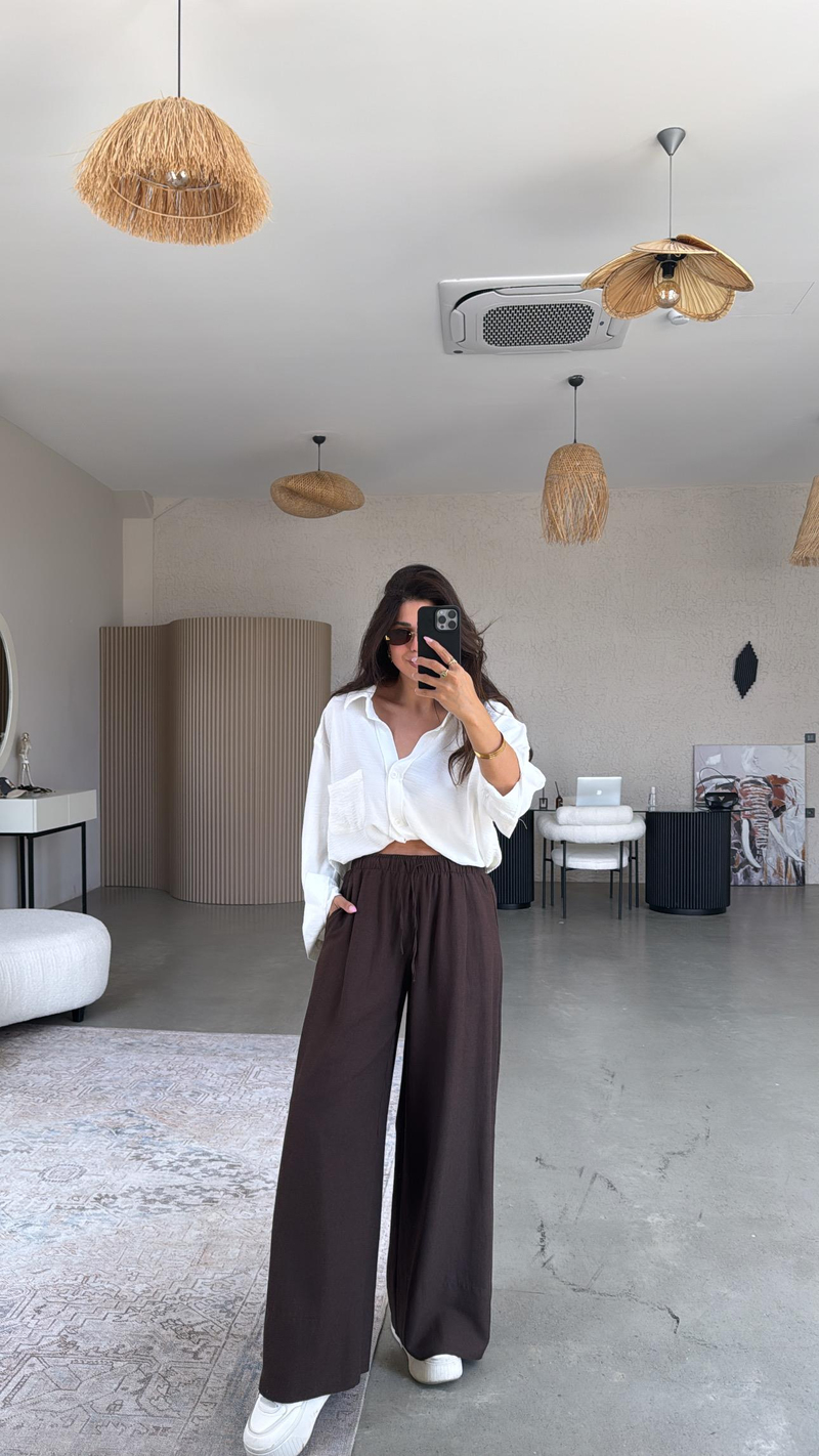 Kahverengi Basic Keten Pantolon