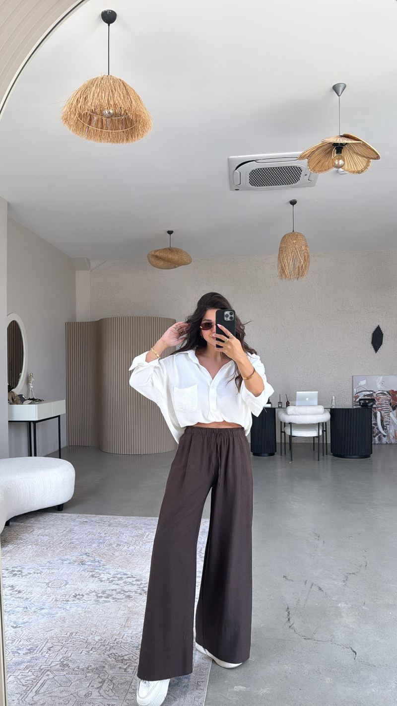 Kahverengi Basic Keten Pantolon