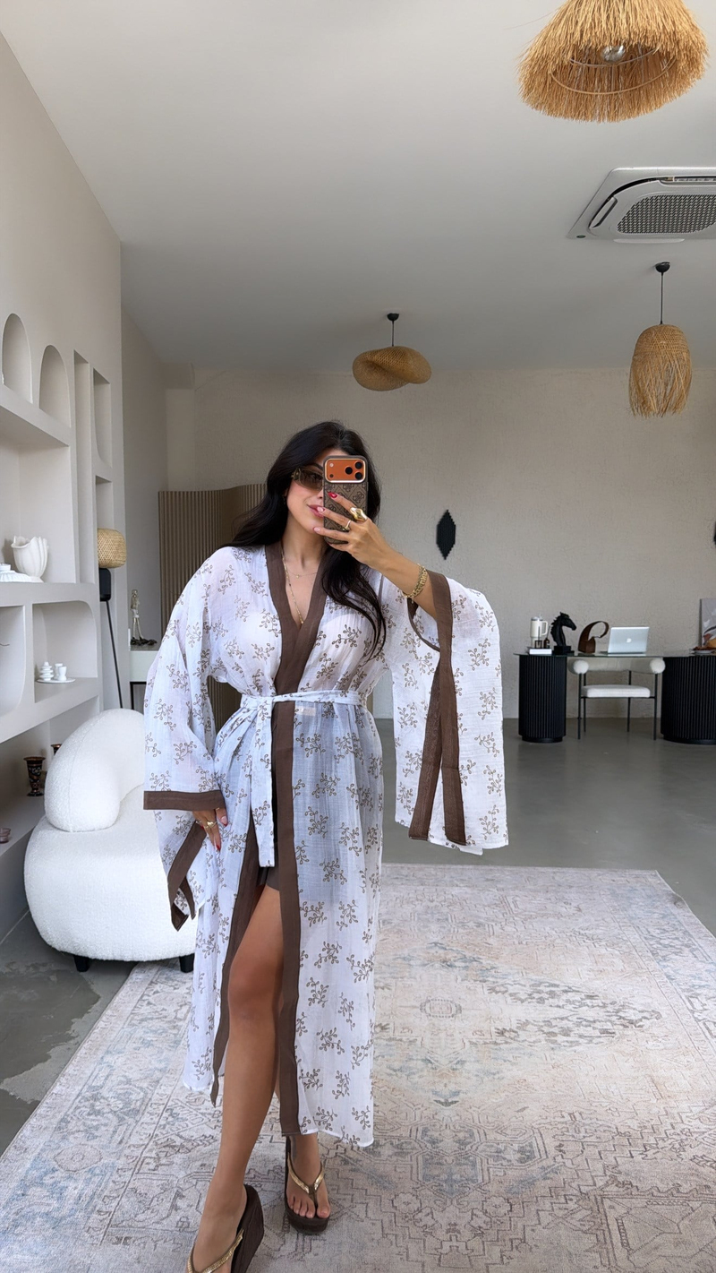 Kahverengi Biyeli Premium İnce Uzun Kimono