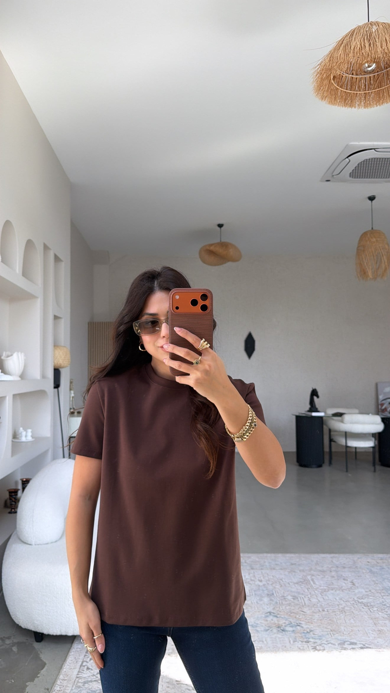 Kahverengi BT Yüzde Yüz Tok Pamuk Doku Bisiklet Yaka Tshirt