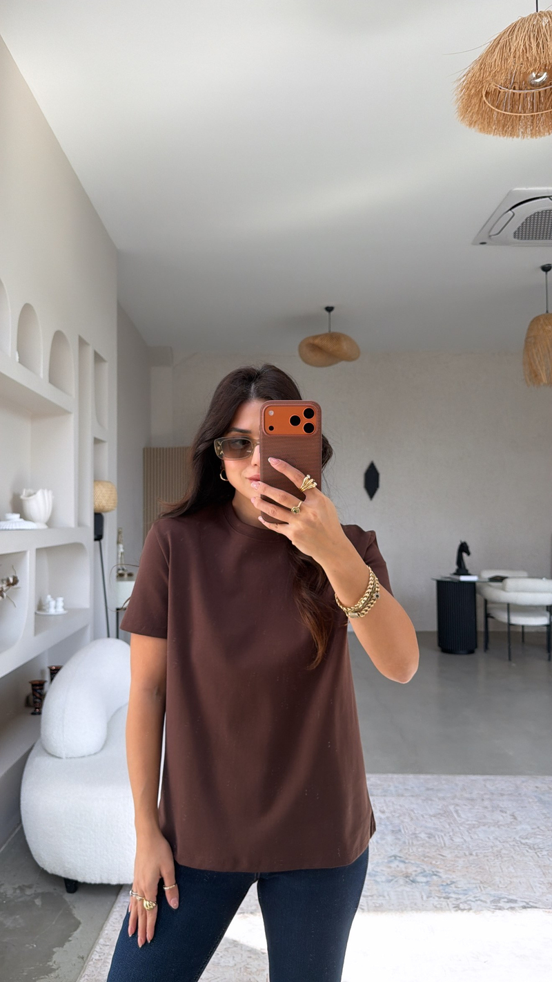 Kahverengi BT Yüzde Yüz Tok Pamuk Doku Bisiklet Yaka Tshirt