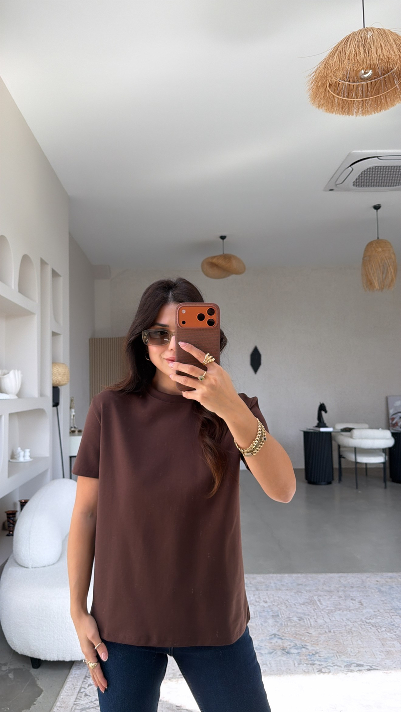 Kahverengi BT Yüzde Yüz Tok Pamuk Doku Bisiklet Yaka Tshirt