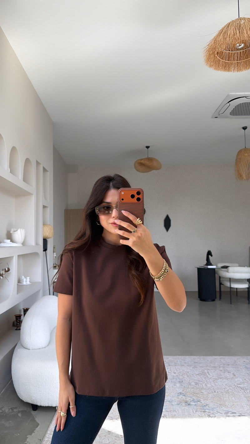 Kahverengi BT Yüzde Yüz Tok Pamuk Doku Bisiklet Yaka Tshirt