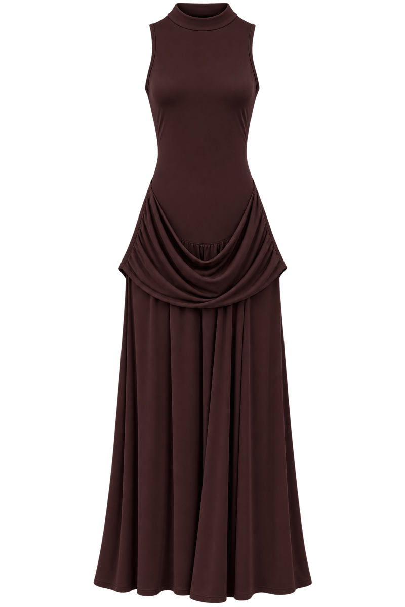 Kahverengi Buzzy Kumaş Beli Drape Detaylı Maxi Elbise
