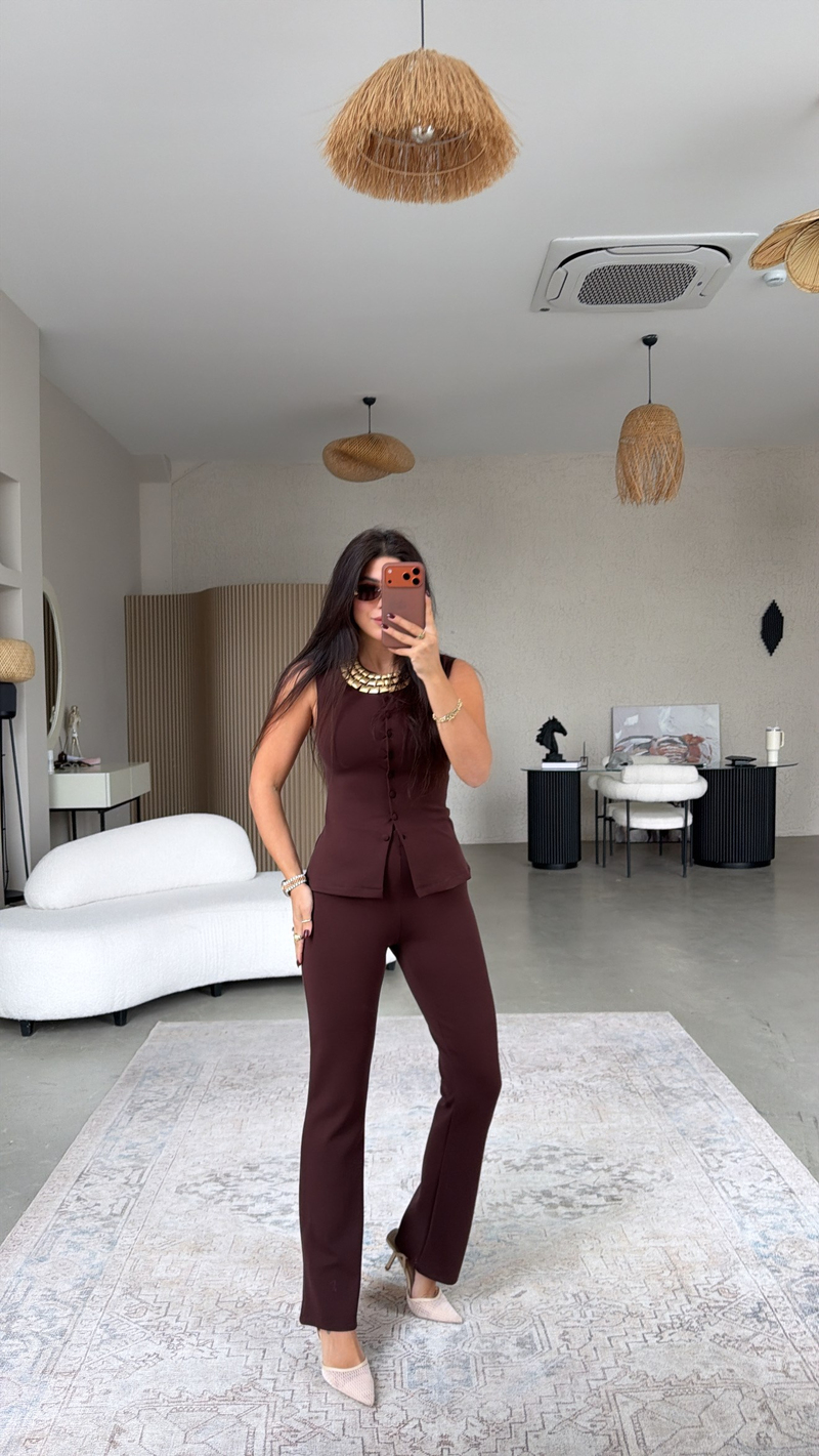 Kahverengi Çelik Kumaş Yelek Pantolon Takım