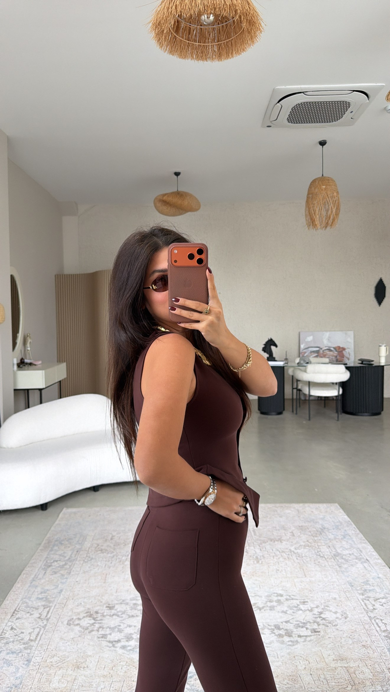 Kahverengi Çelik Kumaş Yelek Pantolon Takım