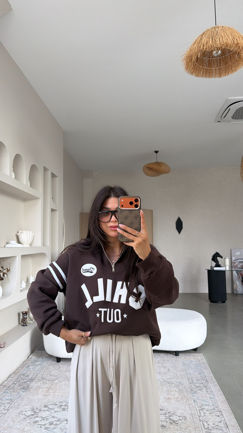 Kahverengi Chill Out Üç İplik Şardonlu Sweatshirt