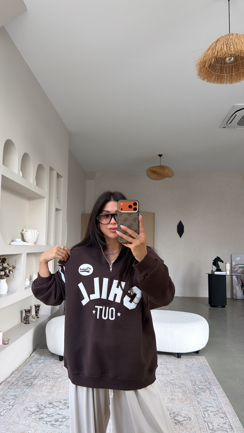 Kahverengi Chill Out Üç İplik Şardonlu Sweatshirt