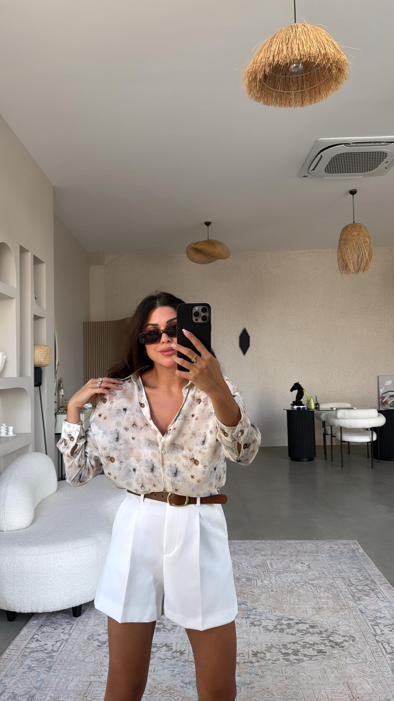 Kahverengi Çiçekli İthal Kumaş İnce Gömlek