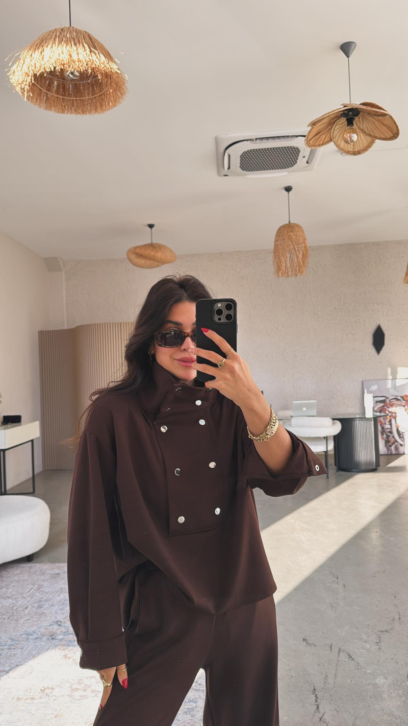 Kahverengi Çıtçıt Detaylı Modal Takım