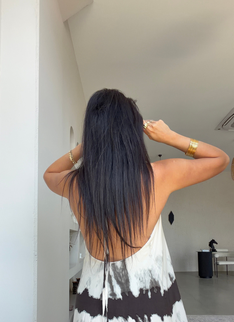Kahverengi Çizgili Boyundan Bağlamalı Premium Maxi Elbise