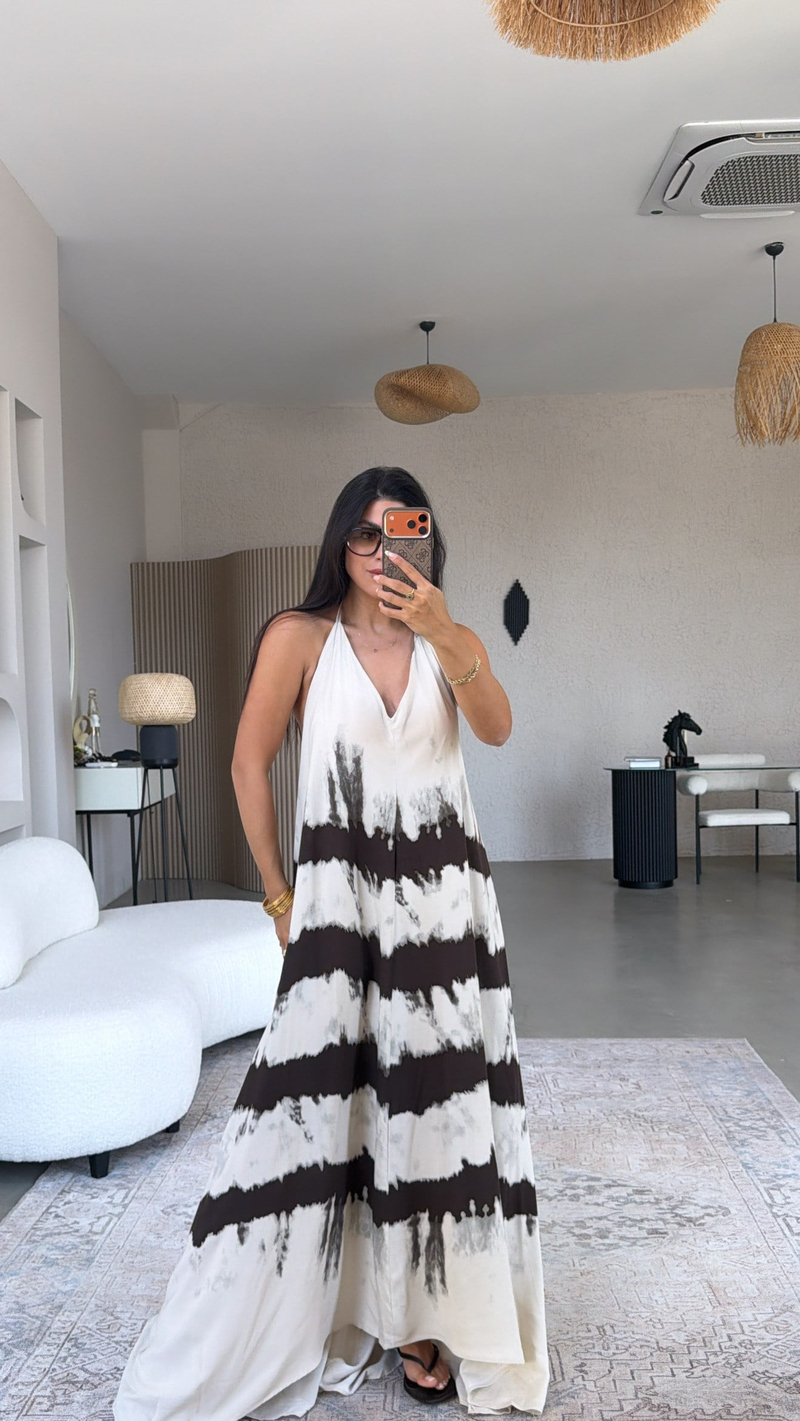 Kahverengi Çizgili Boyundan Bağlamalı Premium Maxi Elbise
