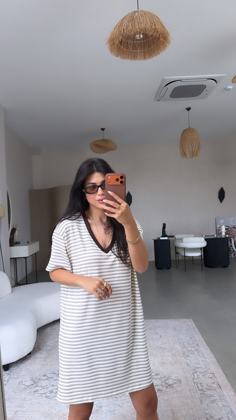 Kahverengi Çizgili V Yaka Basic Modal Elbise