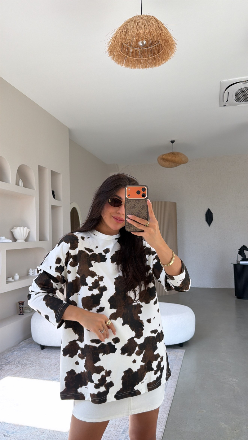 Kahverengi Cow Baskılı Pamuklu İnce Sweatshirt