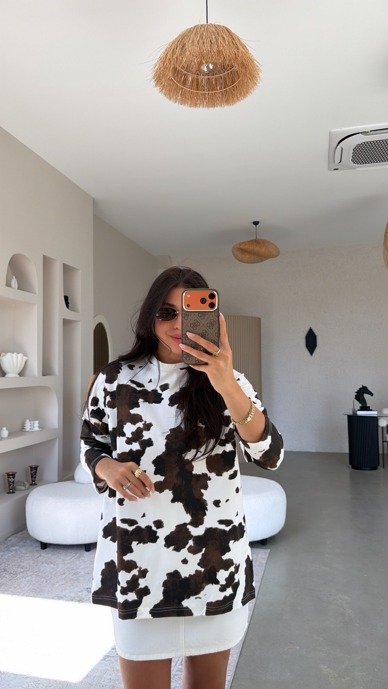 Kahverengi Cow Baskılı Pamuklu İnce Sweatshirt