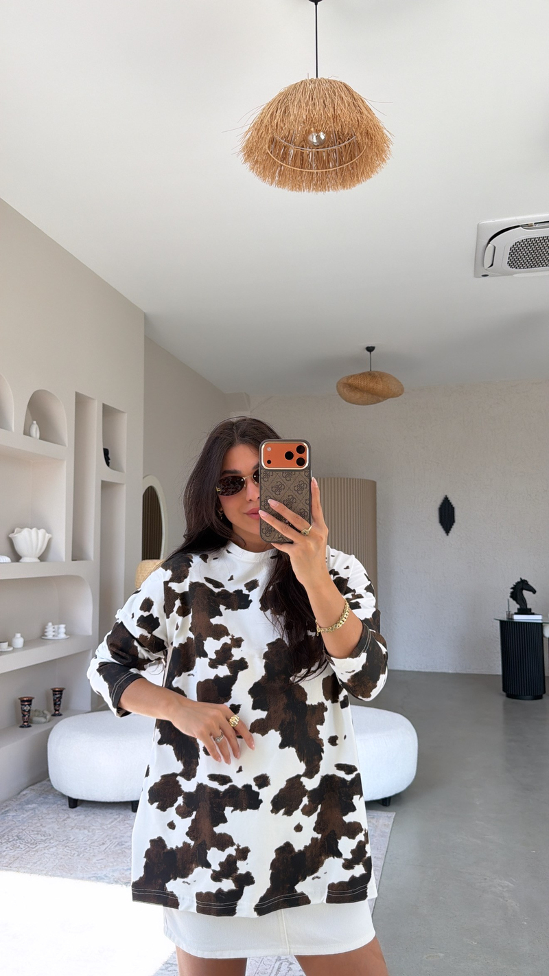 Kahverengi Cow Baskılı Pamuklu İnce Sweatshirt