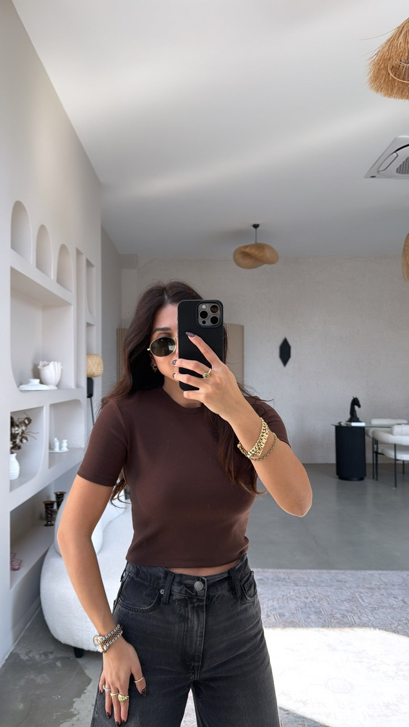 Kahverengi Crop Pamuk Basic Kısa Kol Tshirt