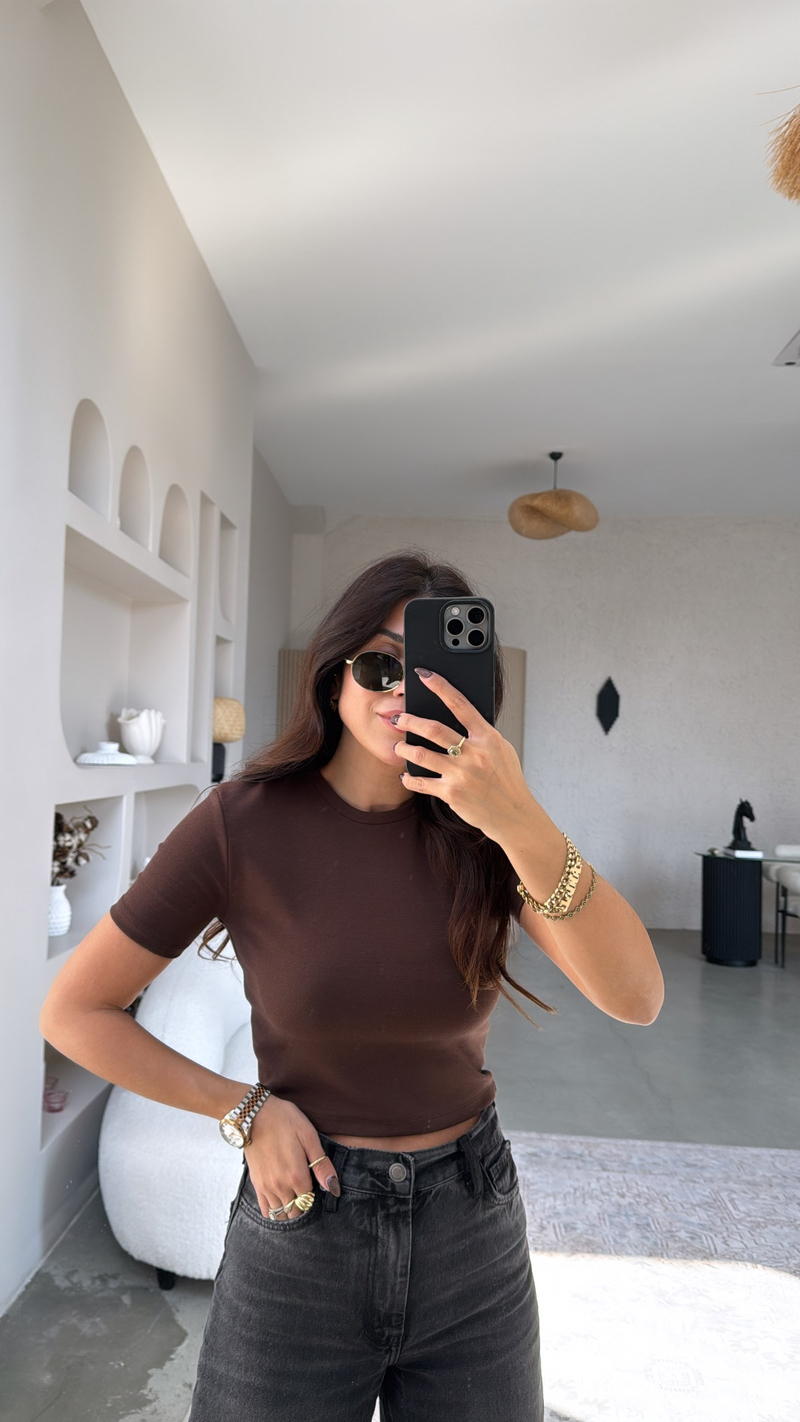 Kahverengi Crop Pamuk Basic Kısa Kol Tshirt